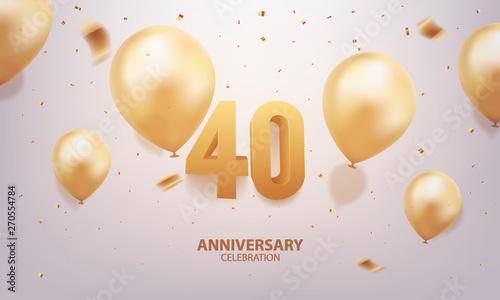 40th Anniversary celebration. 3D Golden numbers with confetti and balloons.