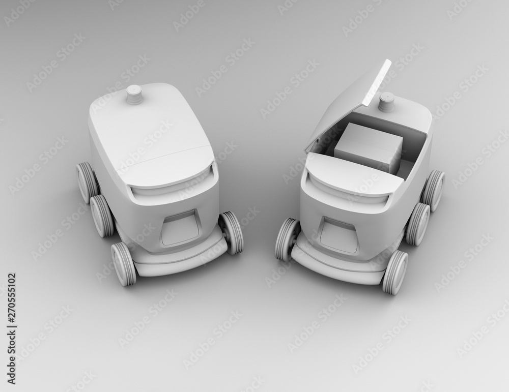 Clay rendering of self-driving delivery robots. One's cover opened for picking parcels. 3D rendering image. Clay rendering of self-driving delivery robots. One's cover opened for picking parcels. 3D rendering image.