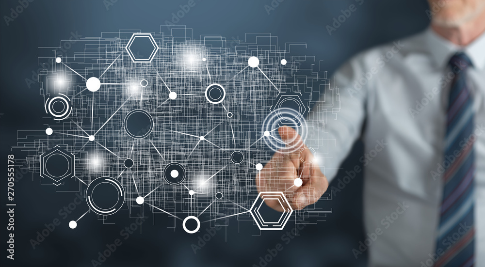 Man touching a virtual network Man touching a virtual network