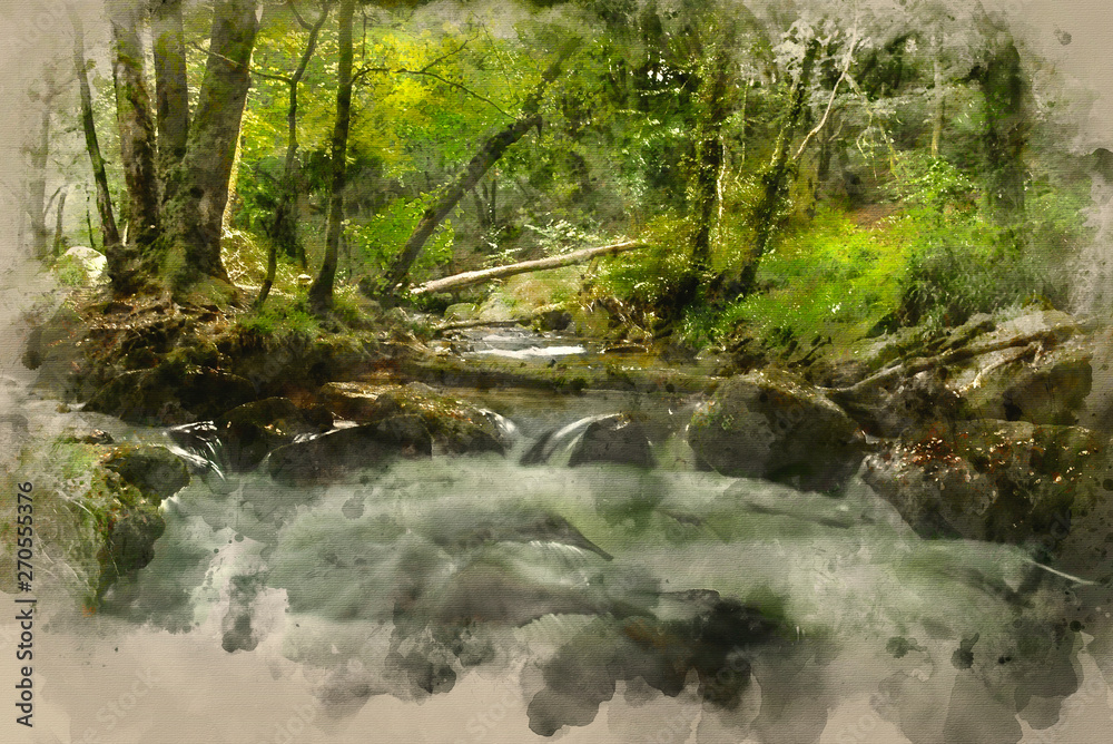 Watercolor painting of Stunning landscape iamge of river flowing through lush green forest in Summer Watercolor painting of Stunning landscape iamge of river flowing through lush green forest in Summer