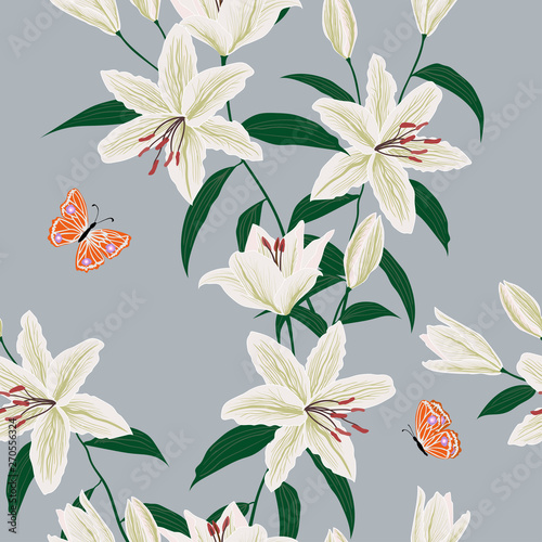 Blooming lily flowers garden seamless pattern with cute butterfly for decorative,apparel,fashion,fabric,textile,print or wallpaper