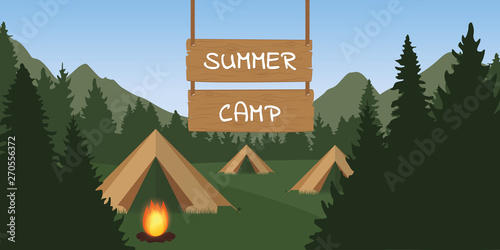 summer camp tent with campfire in the forest green nature vector illustration EPS10