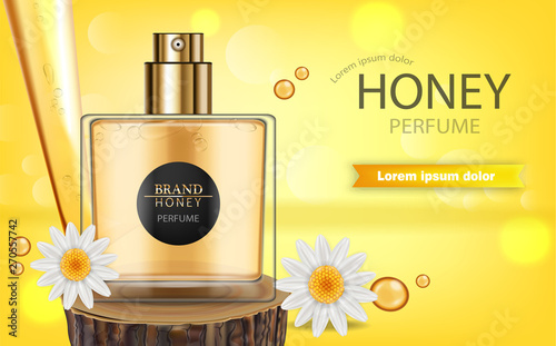 Perfume spray bottle with honey fragrance. Realistic Vector Product packaging design. 3d illustration mock ups