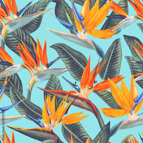 ,Seamless pattern with tropical flowers and leaves of Strelitzia Reginae. Realistic style, hand drawn, vector, bright colours. Background for prints, fabric, wallpapers, wrapping paper.