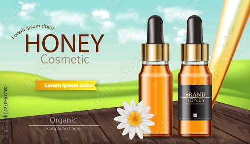 Honey serum bottle Vector realistic. Product placement mock up. Label design package. nature background. 3d illustrations
