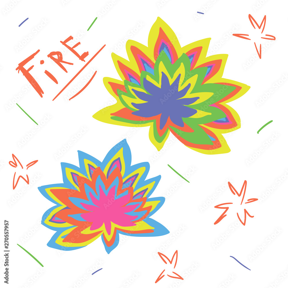 Abstract surreal in painting fire card. Hand drawn colorful tropical background with psychedelic theme on white background