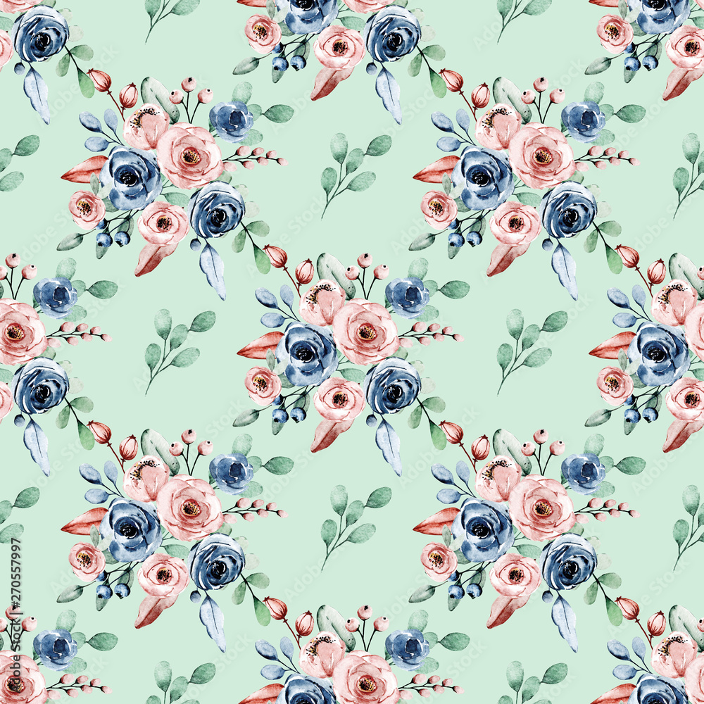 Watercolor seamless pattern. Floral print with indigo and dusty pink flowers. Repeating pink background.