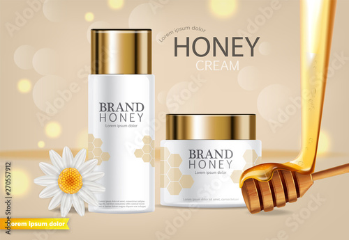 Honey infused cream Vector realistic mock up. White bottles cosmetics. Product placement label design. Detailed 3d illustrations