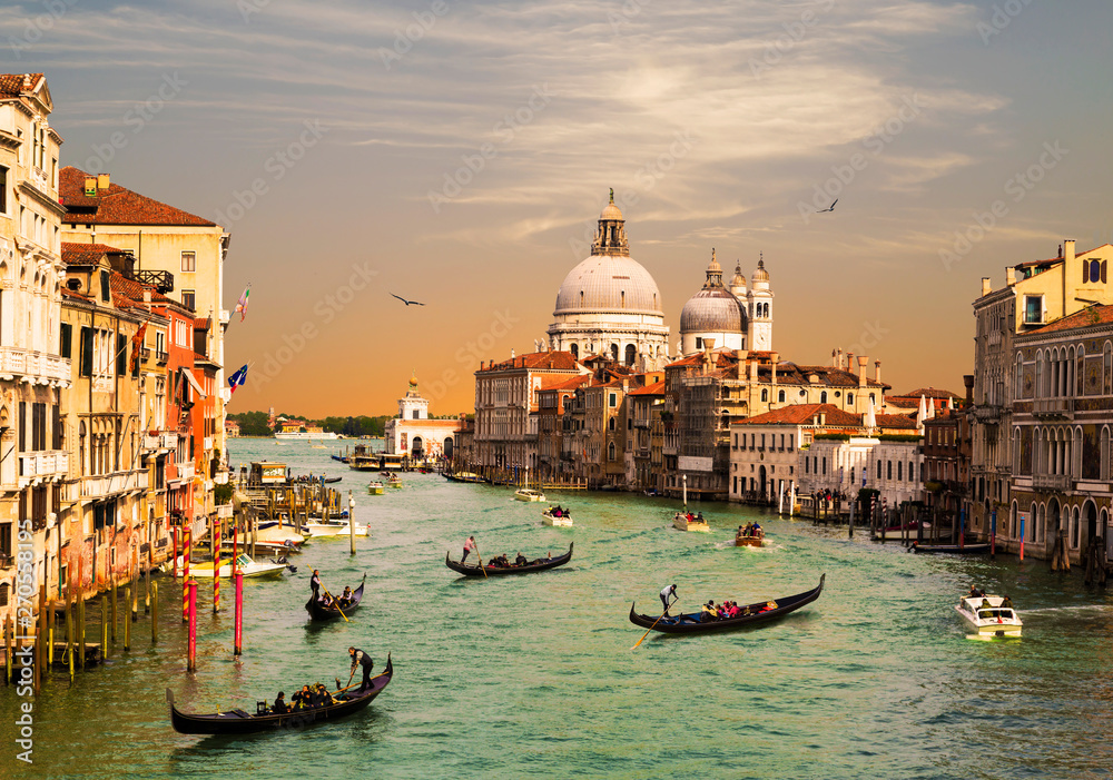 Venice, the Grand canal, the Cathedral of Santa Maria della Salute and gondolas with tourists, top view