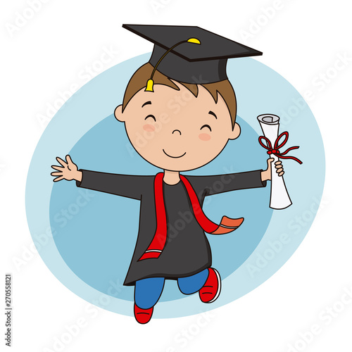 Happy boy in graduation suit and diploma. Vector isolated