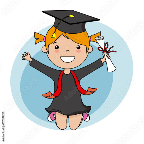 Happy girl in graduation suit and diploma. Vector isolated