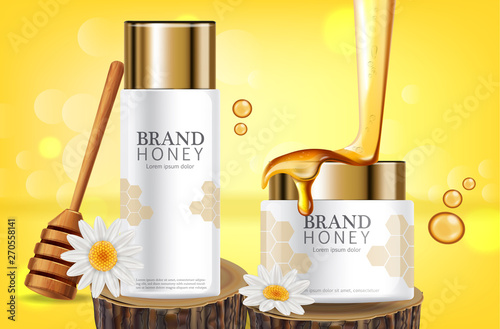 Honey infused cream Vector realistic mock up. White bottles cosmetics. Product placement label design. Detailed 3d illustrations