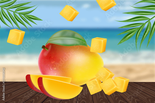 Mango fruit sliced on tropic background Vector realistic. Seaside view. Detai...