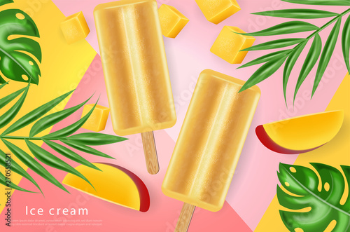 Mango ice cream Vector realistic. Fresh delicious iace cream dessert on a sti...