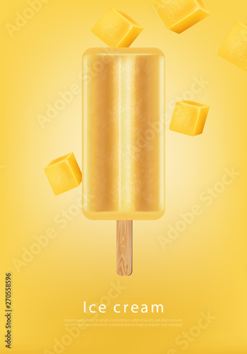 Mango ice cream Vector realistic. Fresh delicious iace cream dessert on a sti...