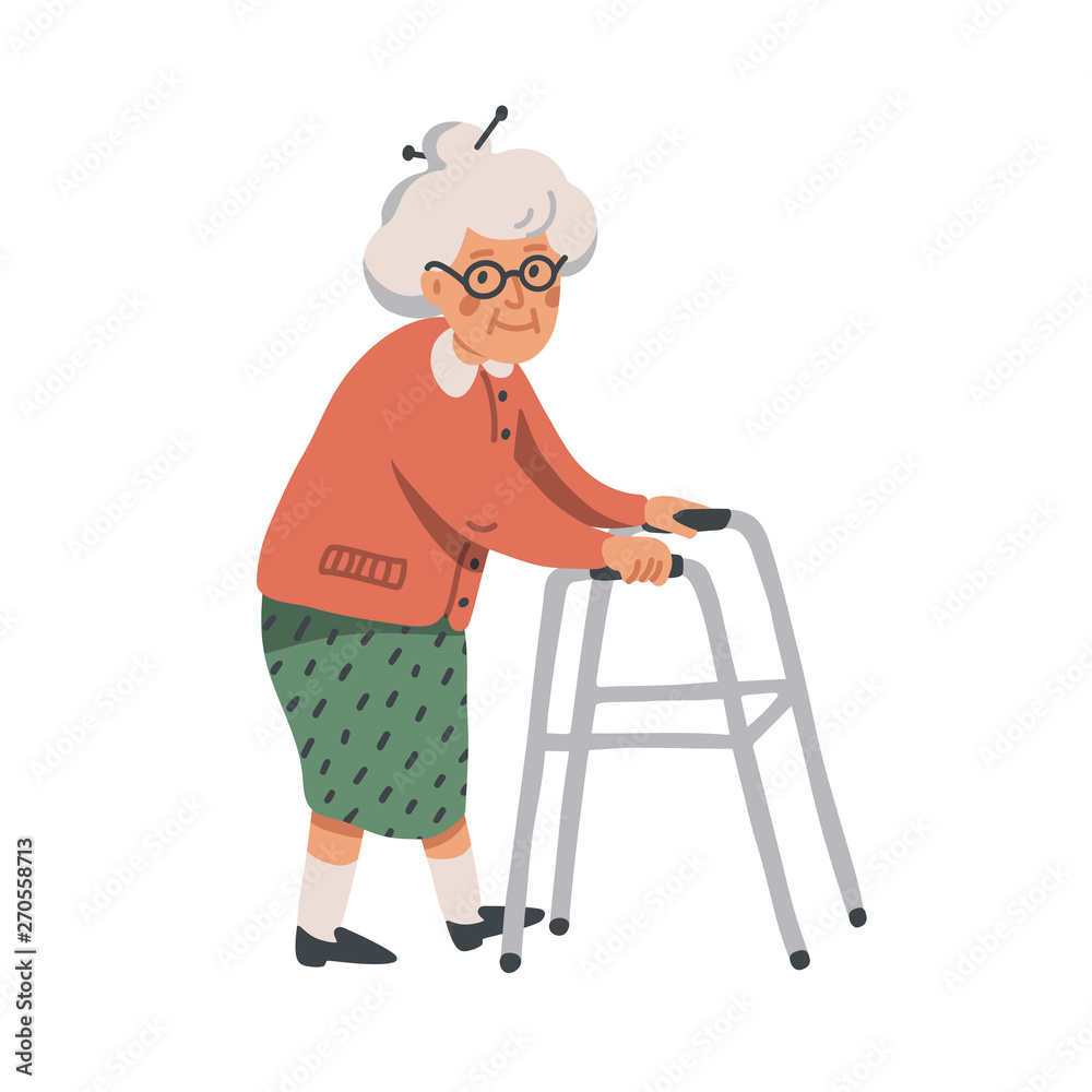 Elderly woman. Old lady character with paddle walker on white background.  Senior woman flat Vector illustration. Stock Vector | Adobe Stock