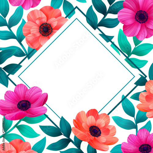 Floral frame. Tropical flowers trendy template. Vertical Design with beautifu...