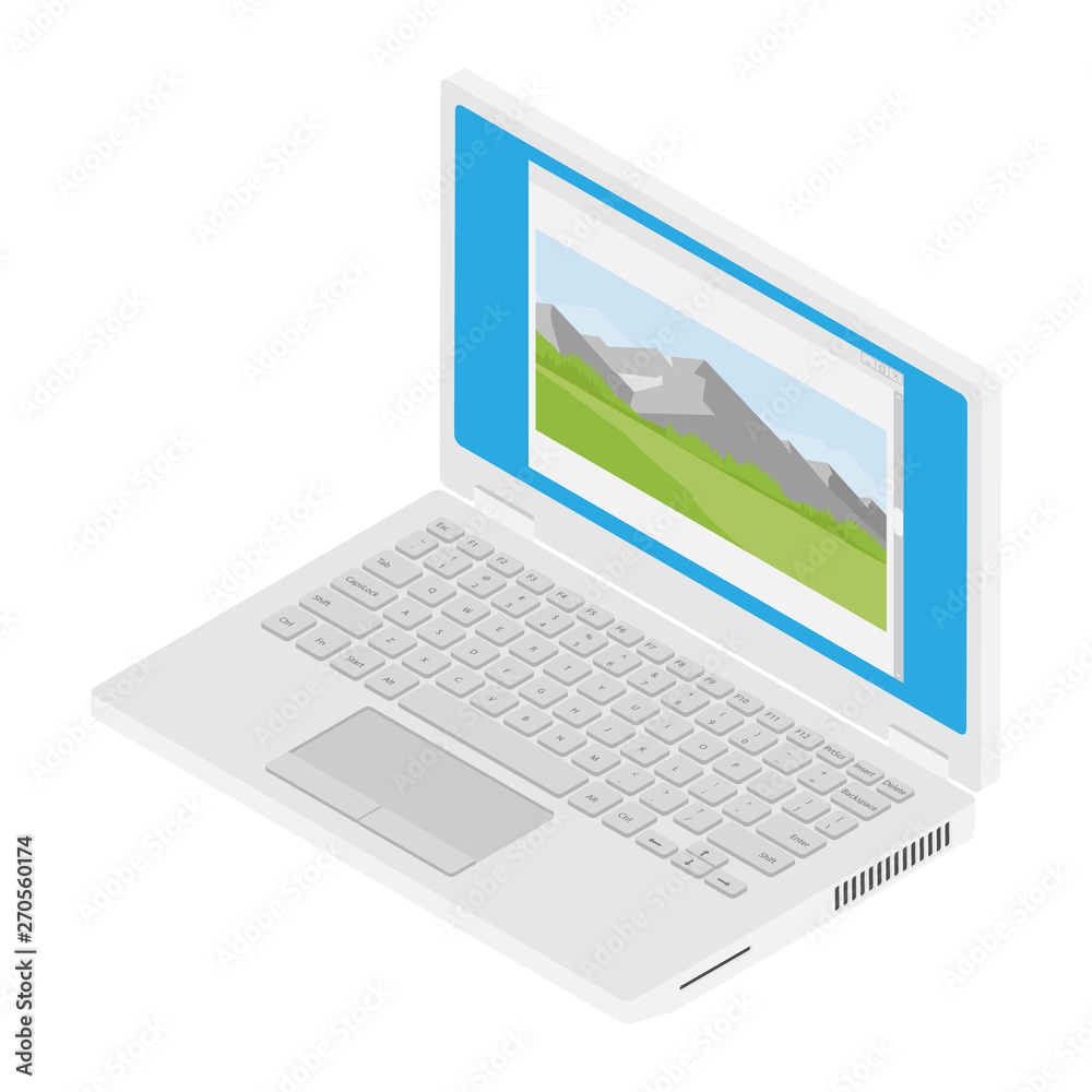 Laptop computer with mountain landscape photo on desktop isometric view isolated on white background. Laptop computer with mountain landscape photo on desktop isometric view isolated on white background.