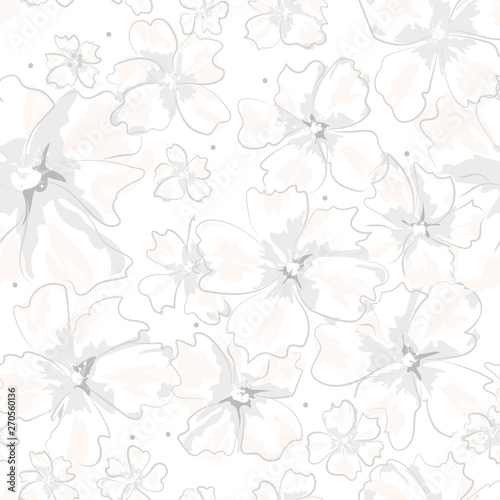 Floral vector seamless pattern. Abstract different size white and pink flowers in gray outline on white background. Softness floral template for design  textile  wallpaper  carton  card  web site.