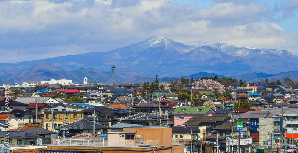 Fototapeta premium Cityscape with snow mountain in sunny day