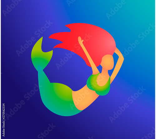 Vector red-haired mermaid girl with a tail faceless in a green bathing suit and with a green tail plunges into the blue abyss