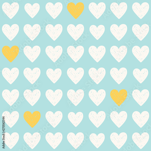 Vector simple light blue seamless pattern with white and yellow hearts.