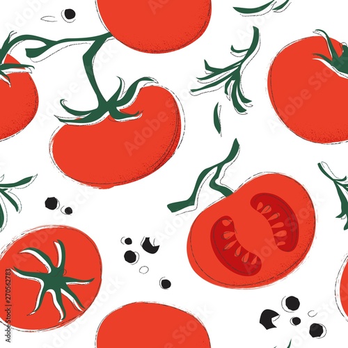Seamless pattern with red tomatoes and black pepper. Vector cartoon illustration