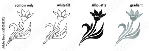 Fototapeta Naklejka Na Ścianę i Meble -  Set of four hand drawn flowers with leaves in different versions: contour only, white fill, silhouette, gradient. Isolated floral vector illustration in doodle style