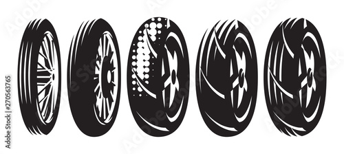 Set of vector monochrome templates of various motorcycle wheels