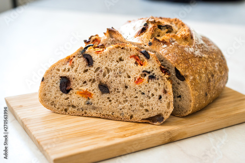 Artisan Bakery Bread with Dried Tomatoes and Black Olive Ready to Eat.