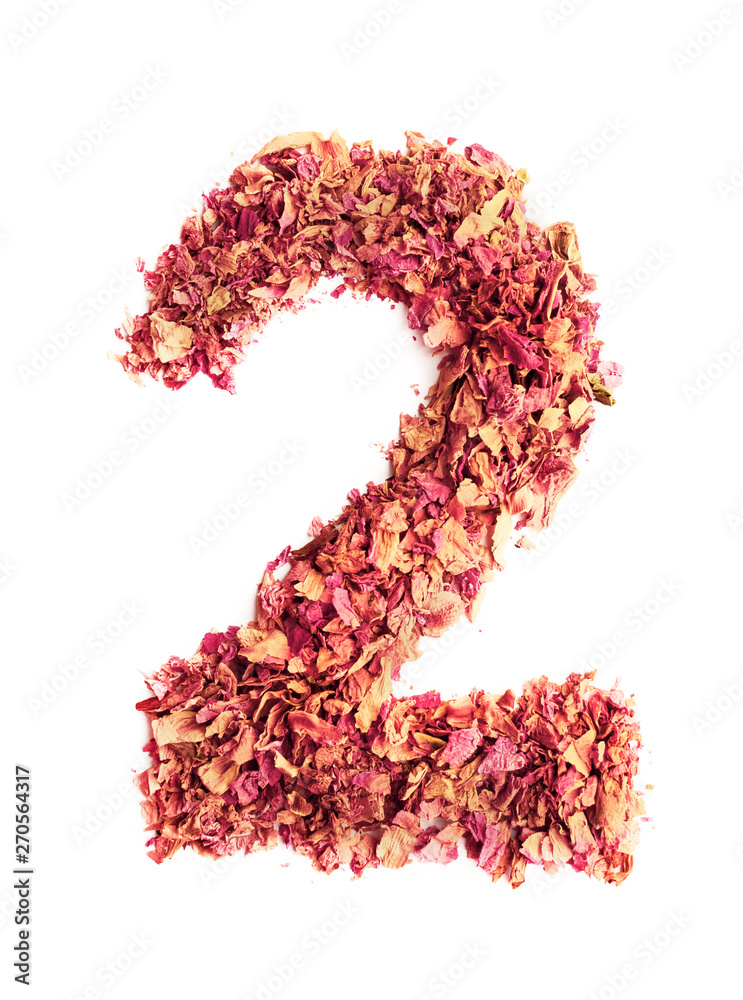 Number 2 two, made of rose petals, isolated on white background. Food typography. Design element. Number 2 two, made of rose petals, isolated on white background. Food typography. Design element.