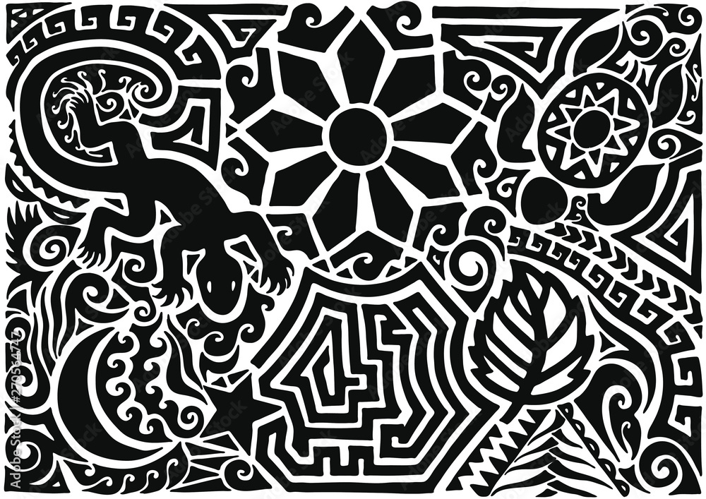 Hand drawn black tattoo pattern in maori style with turtle, sun or flower,  leaf, moon, star and lizard on white background. Black isolated decorative  backdrop vector illustration Stock Vector | Adobe Stock