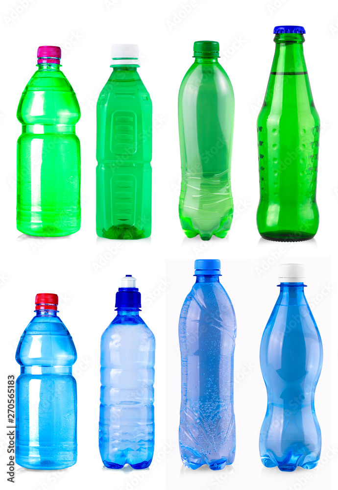 The green and blue  water bottle isolated on white background