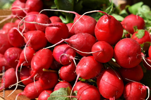 Pile of fresh red radish at the market 