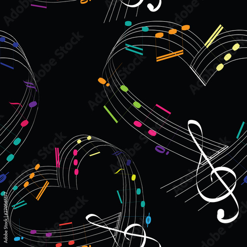 Colorful music notes in the shape of the heart.  Seamless pattern. Vector illustration of hearts with colorful music notes on black background.