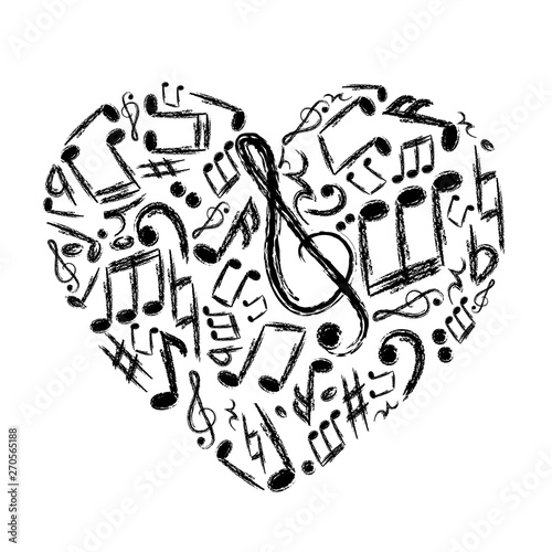Music notes in the shape of the heart. Vector illustration of black music notes on white background