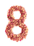 Number 8 eight made of rose petals, isolated on white background. Food typography. Design element.