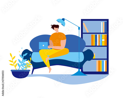 Cartoon Man Sit Couch with Notebook Freelancer