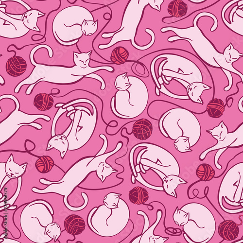 Pink vector pattern with cat and ball of yarn. Perfect for wrapping paper, wallpaper, repeating elements, vintage design, notebook cover, fabric clothes design.