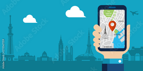 mobile gps navigation service flat illustration.  Hand-holding mobile phone with map application ( Tokyo city sightseeing )