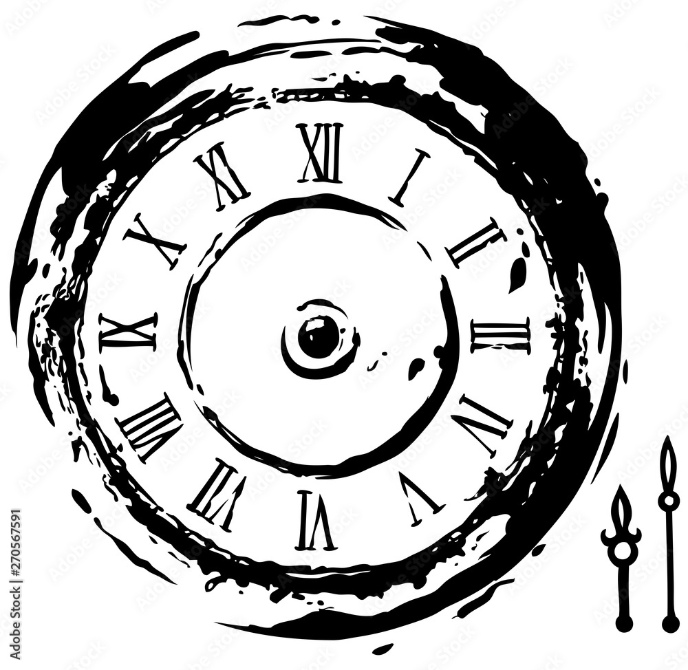 Graphic black retro vintage clock with arrows and roman numeral. Line ...