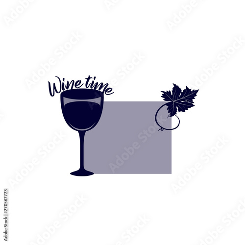 Icon wine glass, idea for a wine shop logo. Flat design - a glass of wine and grape leaves. Wine festival