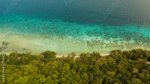 Seascape island coast with forest and palm trees, coral reef with turquoise water, aerial view. Sea water surface in lagoon and coral reef. Coastline of tropical island covered green forest near at