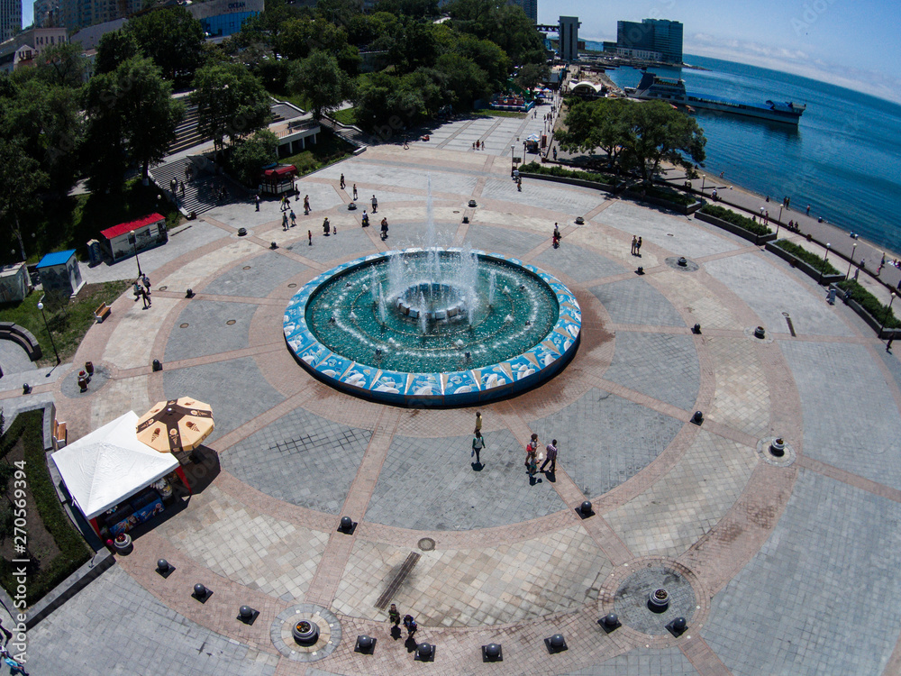 The sports embankment of Vladivostok taken from a height. The big fountain in Vladivostok