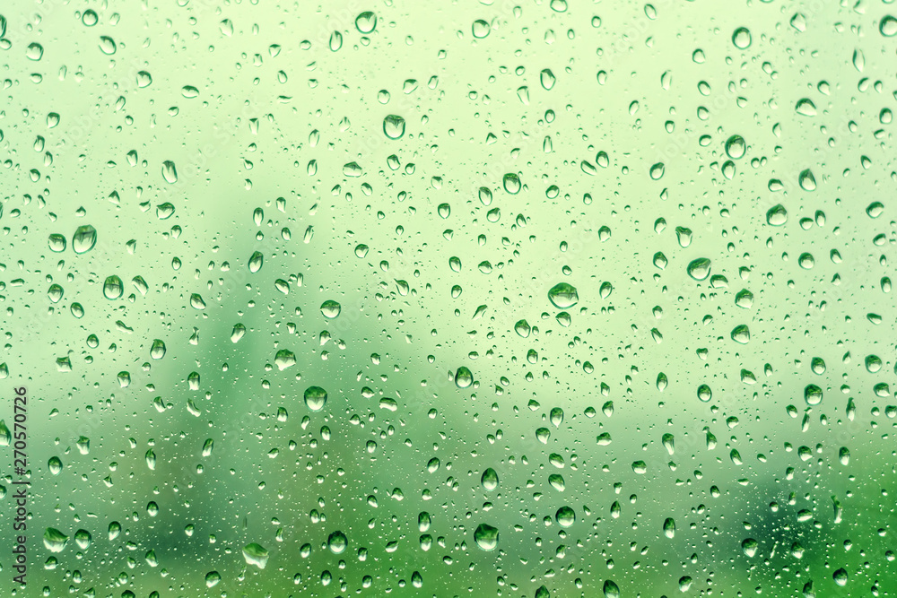 Rain drops on window with green tree as background. Natural water drops on glass. Selective focus