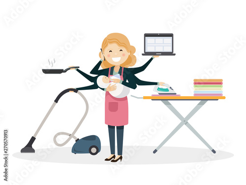 Busy housewife smiling with a baby doing household tasks