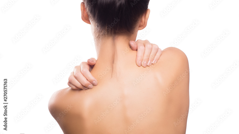 Pain. Woman touchig her neck. Massaging neck. Isolated on white. Pain. Woman touchig her neck. Massaging neck. Isolated on white.