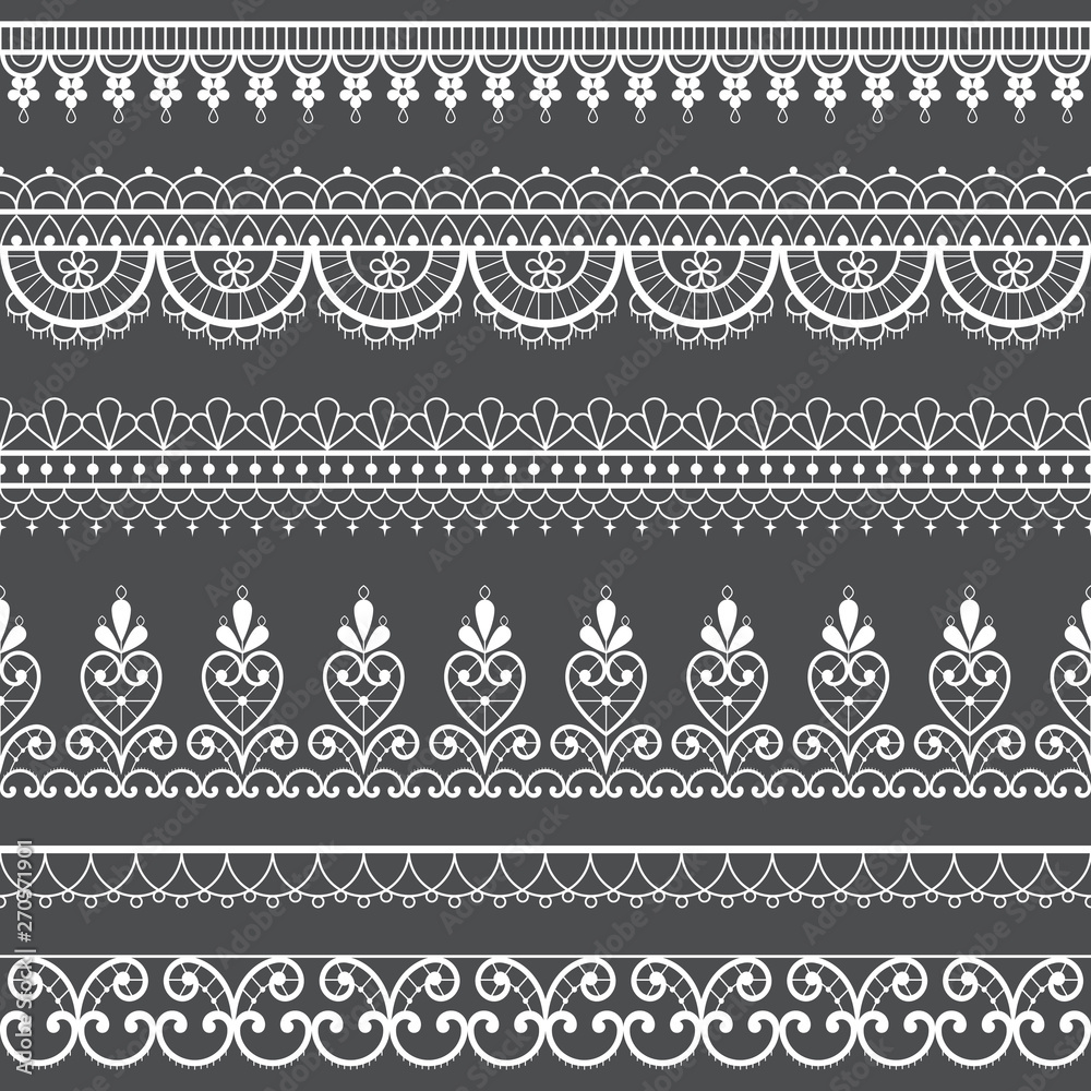 Lace openwork seamless vector pattern, retro ornamental repetitive design with flowers and swirls in white on gray background Lace openwork seamless vector pattern, retro ornamental repetitive design with flowers and swirls in white on gray background