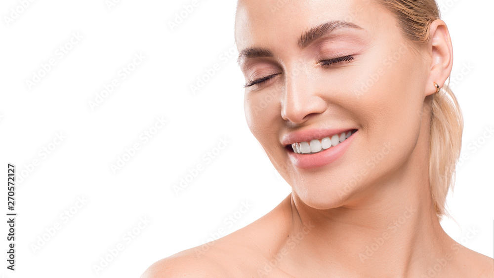 Smiling woman with closed eyes. Dental and spa concept. Skincare. Isolated on white background. Smiling woman with closed eyes. Dental and spa concept. Skincare. Isolated on white background.