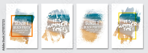 Vector paint brush clipping masks for summer flyer, holidays  brochure, banner, poster design. Beach summer blur background.